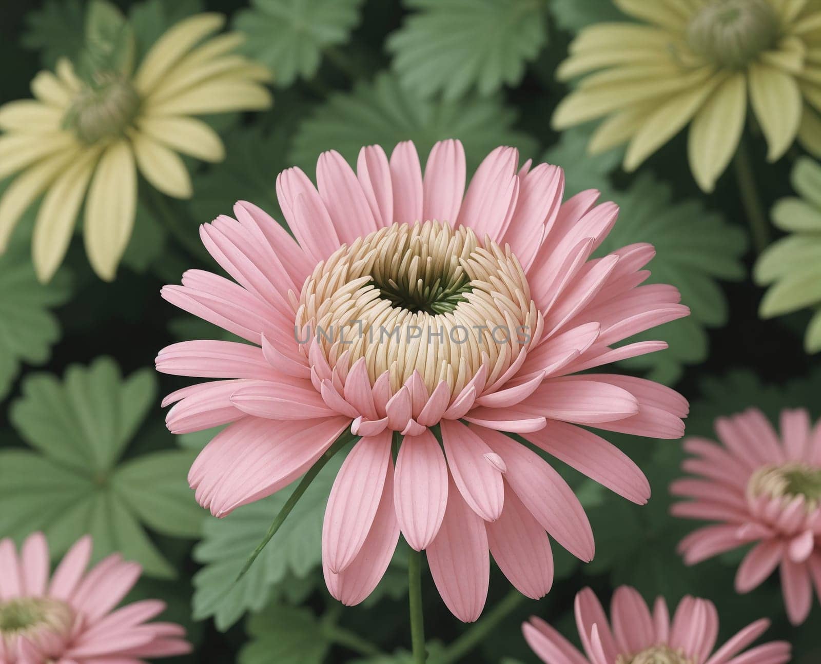 The image is a pink flower with white petals and green leaves.