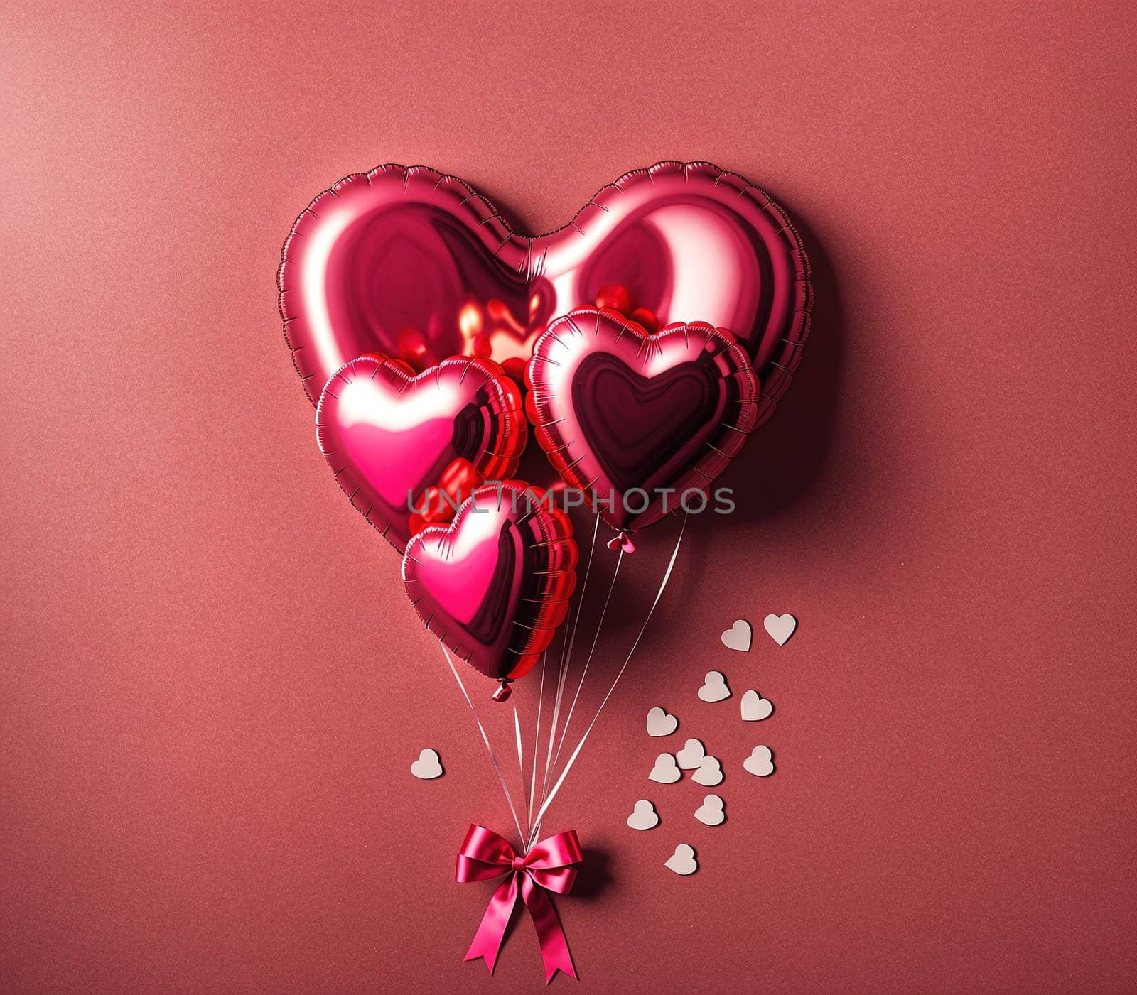 The image is a pink heart-shaped balloon with white hearts and confetti floating in the air.