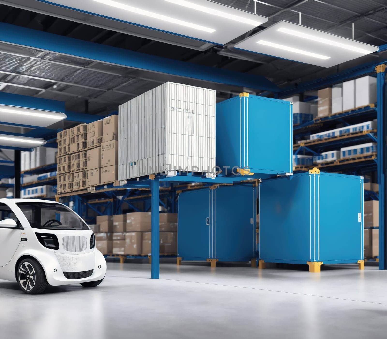 The image shows a warehouse with a white car parked in front of it.