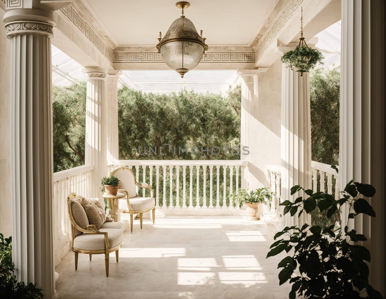 The image shows a balcony with white columns and a white ceiling, surrounded by green plants and a white chair.