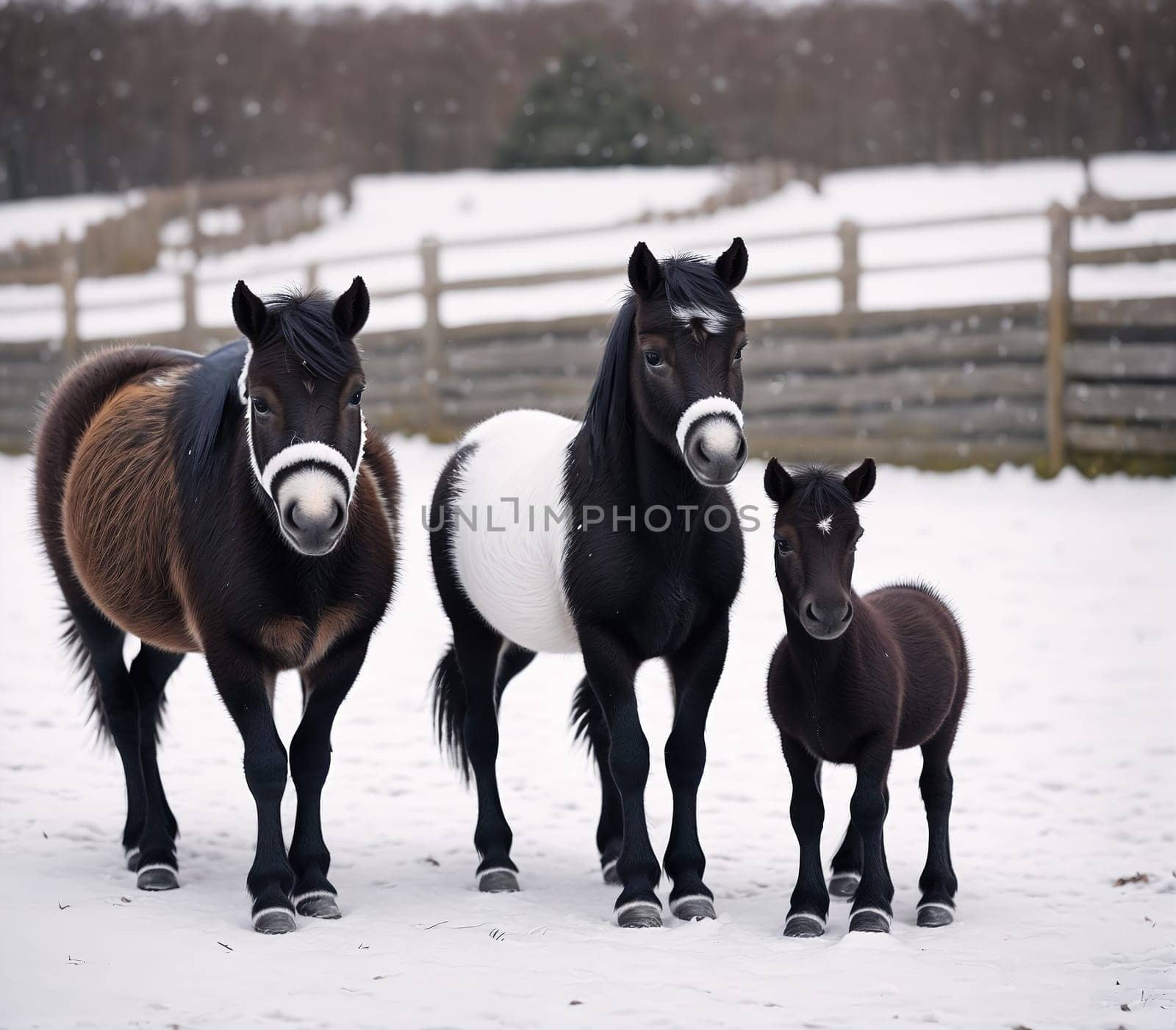 The image shows three horses standing in a snowy field, two of them are brown and one is white.