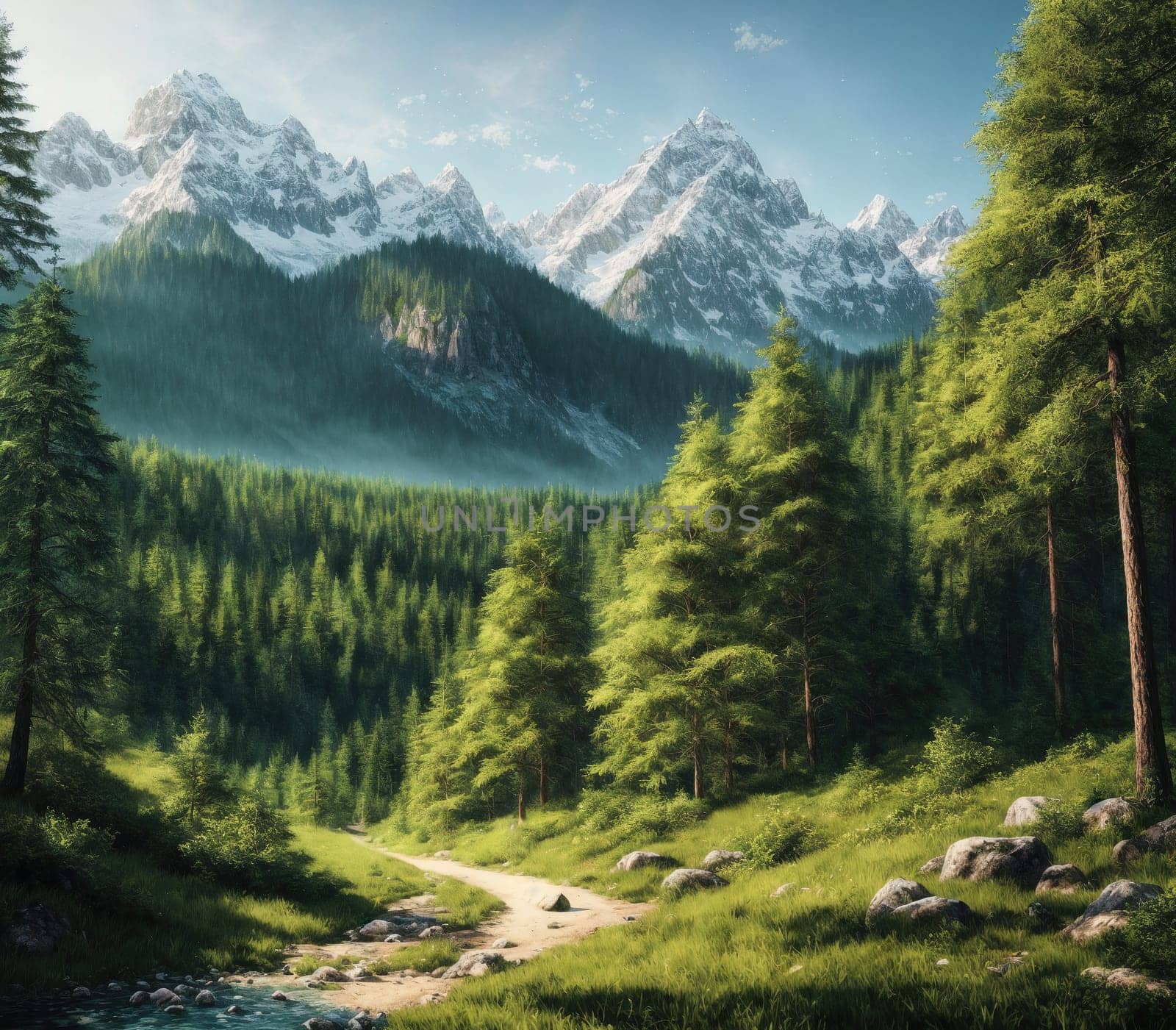 The image depicts a serene and peaceful landscape with a mountain range in the background, a river flowing through the foreground, and a dirt path leading to a clearing in the woods.