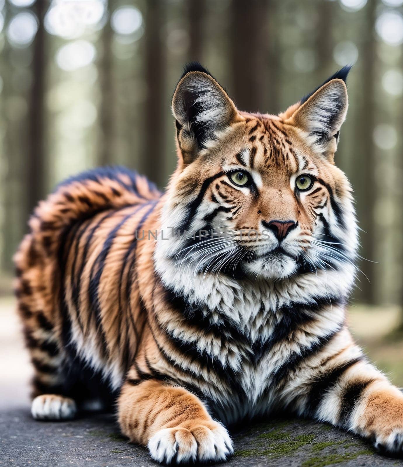 The image shows a tiger lying on the ground with its head tilted to the side and its eyes looking up at the camera.