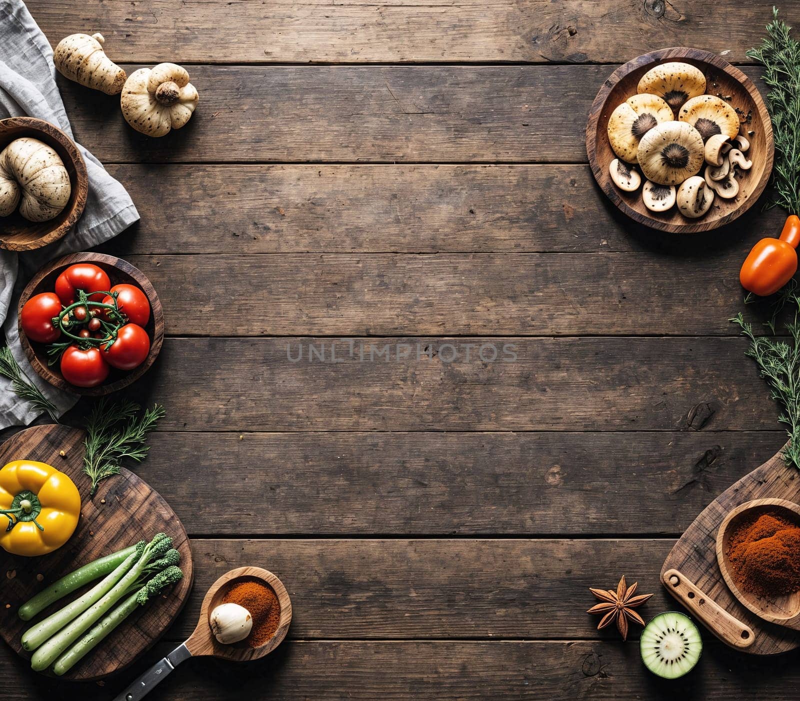The image shows a variety of fresh vegetables, herbs, and spices arranged on a wooden cutting board, with a knife and other utensils nearby.