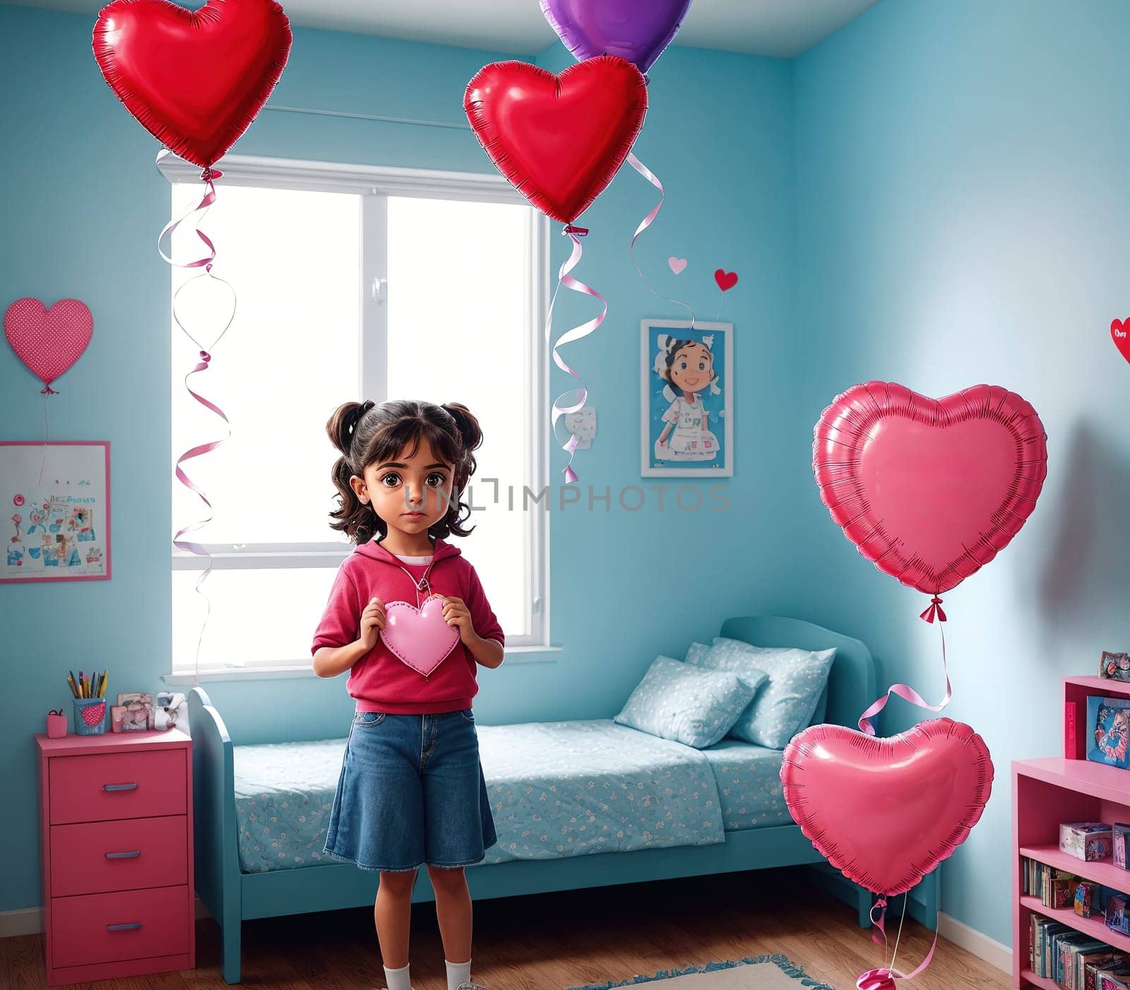 The image shows a young girl standing in a bedroom with pink balloons and heart-shaped decorations hanging from the ceiling.