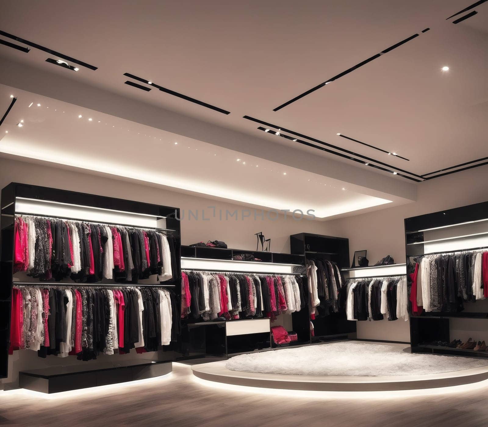 The image shows a modern clothing store with a circular rack of clothes in the center of the room.