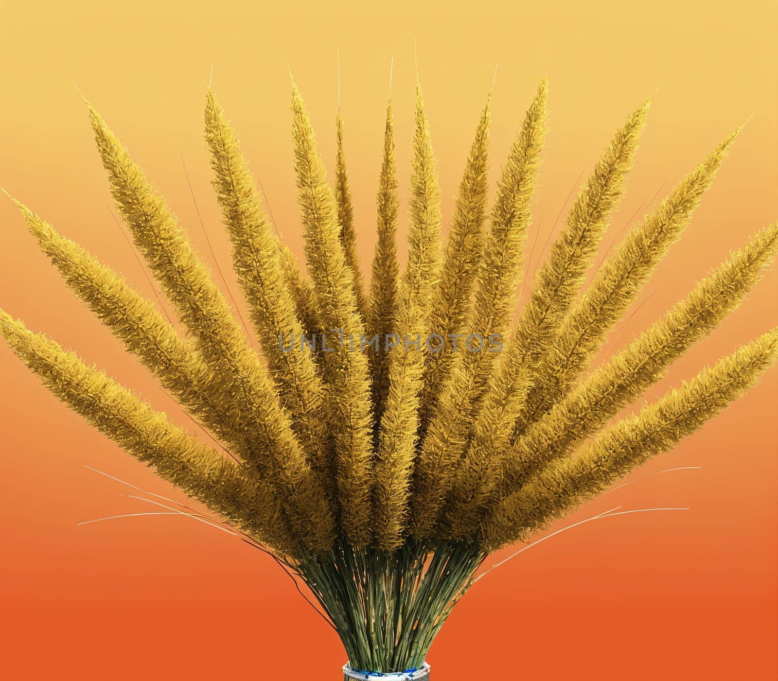 The image is a golden brown stalk of wheat with long, thin leaves that are waving in the wind.