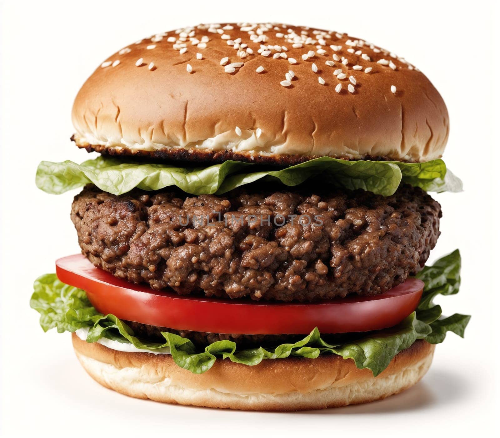 The image is a hamburger with lettuce, tomato, and cheese on a bun.