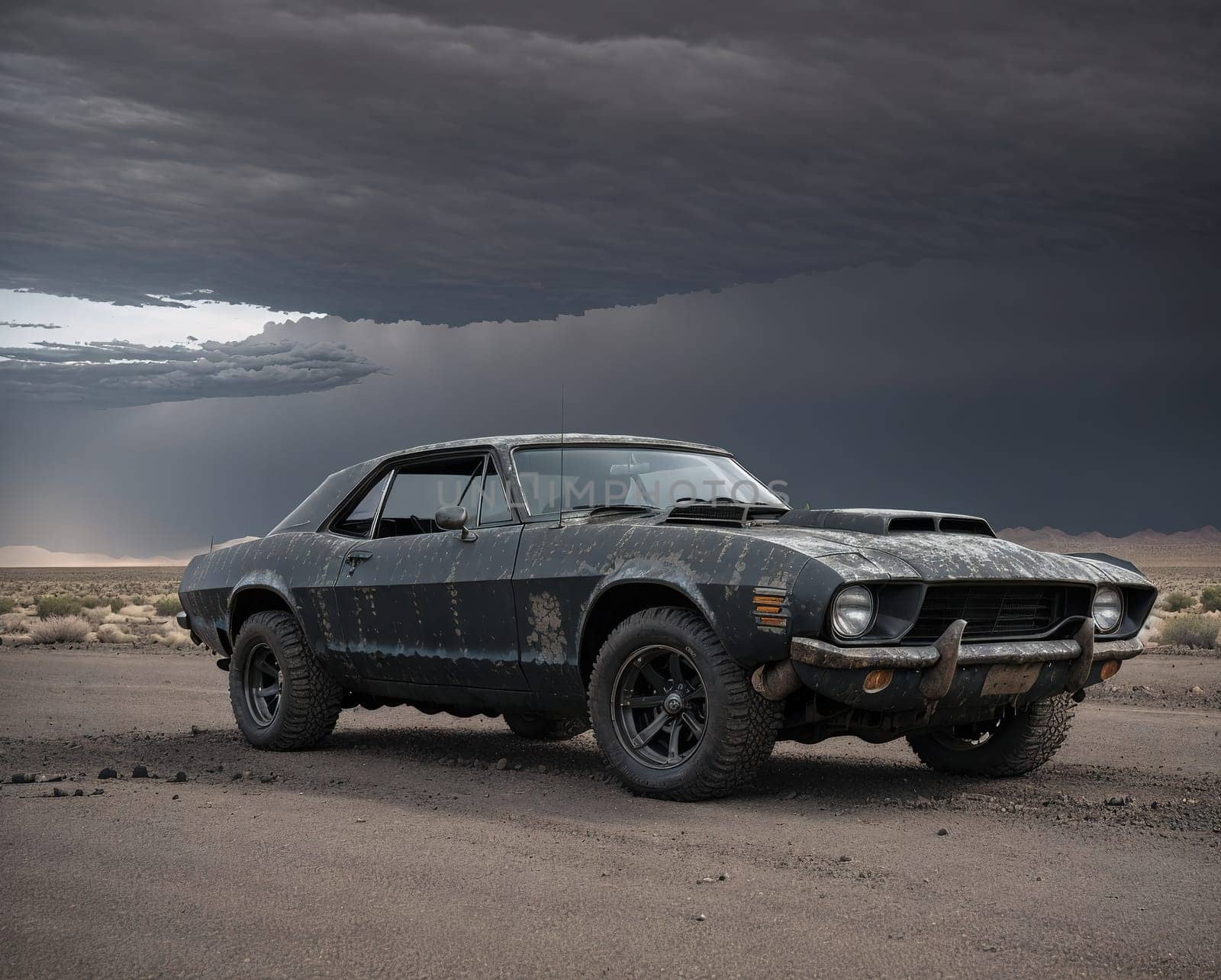 The image shows a vintage car parked on a dirt road in the middle of nowhere, with a cloudy sky in the background.