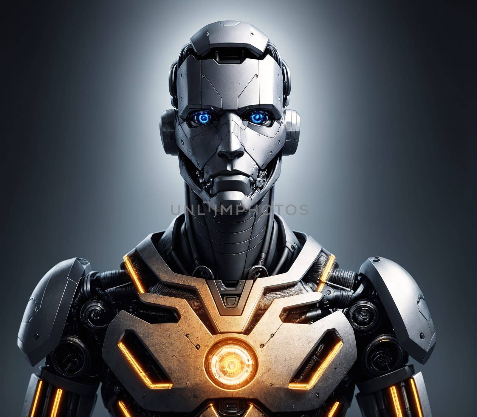 The image is a rendering of a humanoid robot with glowing eyes and a metallic body.