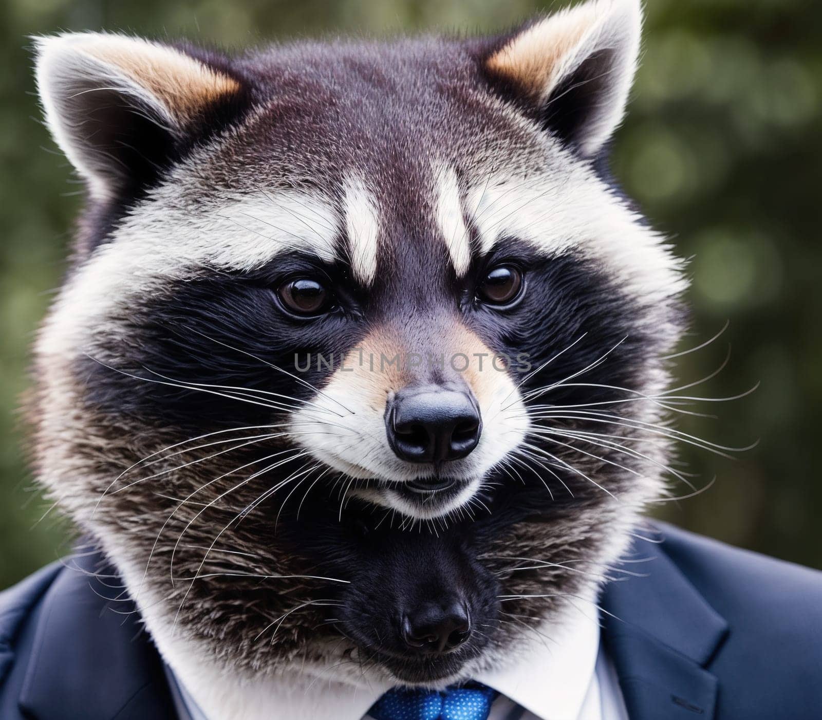 The image shows a raccoon wearing a suit and tie, looking directly at the camera with a serious expression on its face.