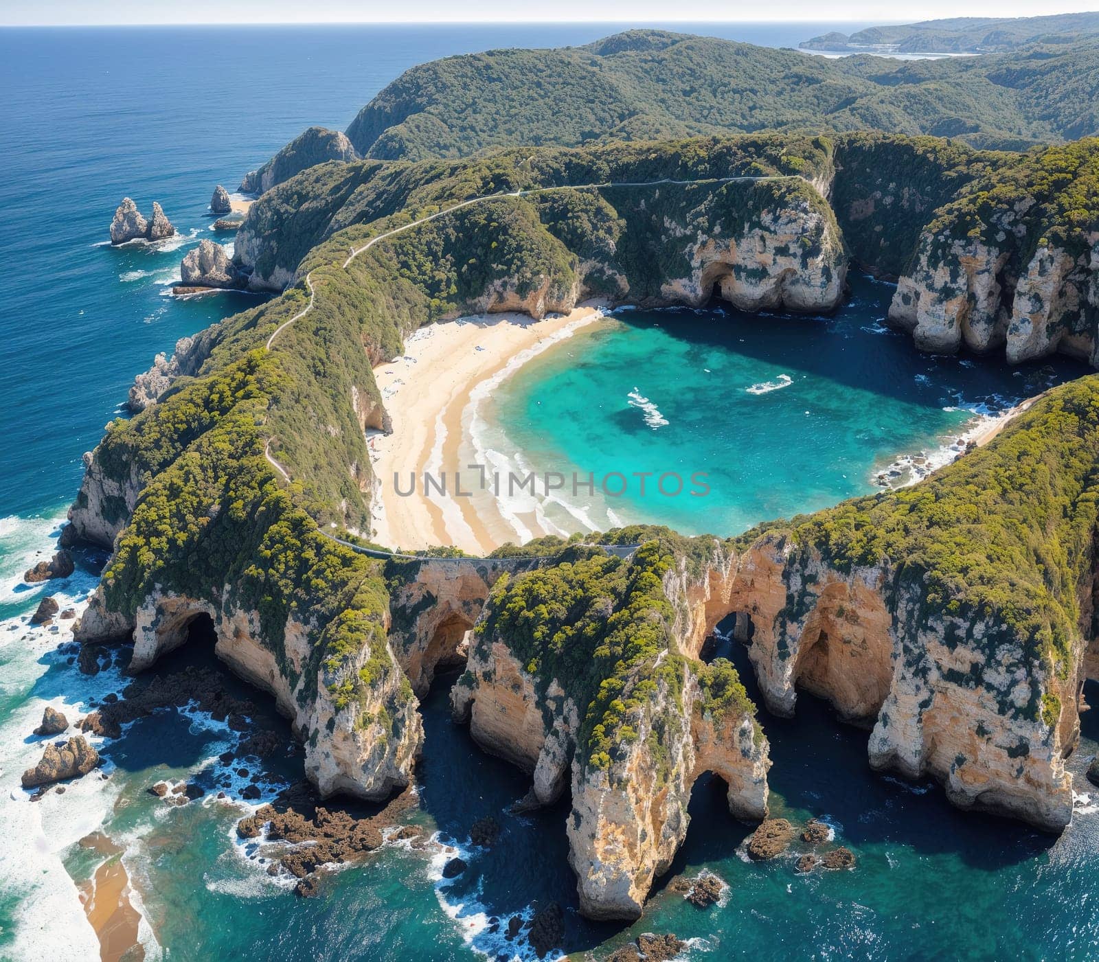 The image shows a large rock formation with a small beach and clear blue water in the background.