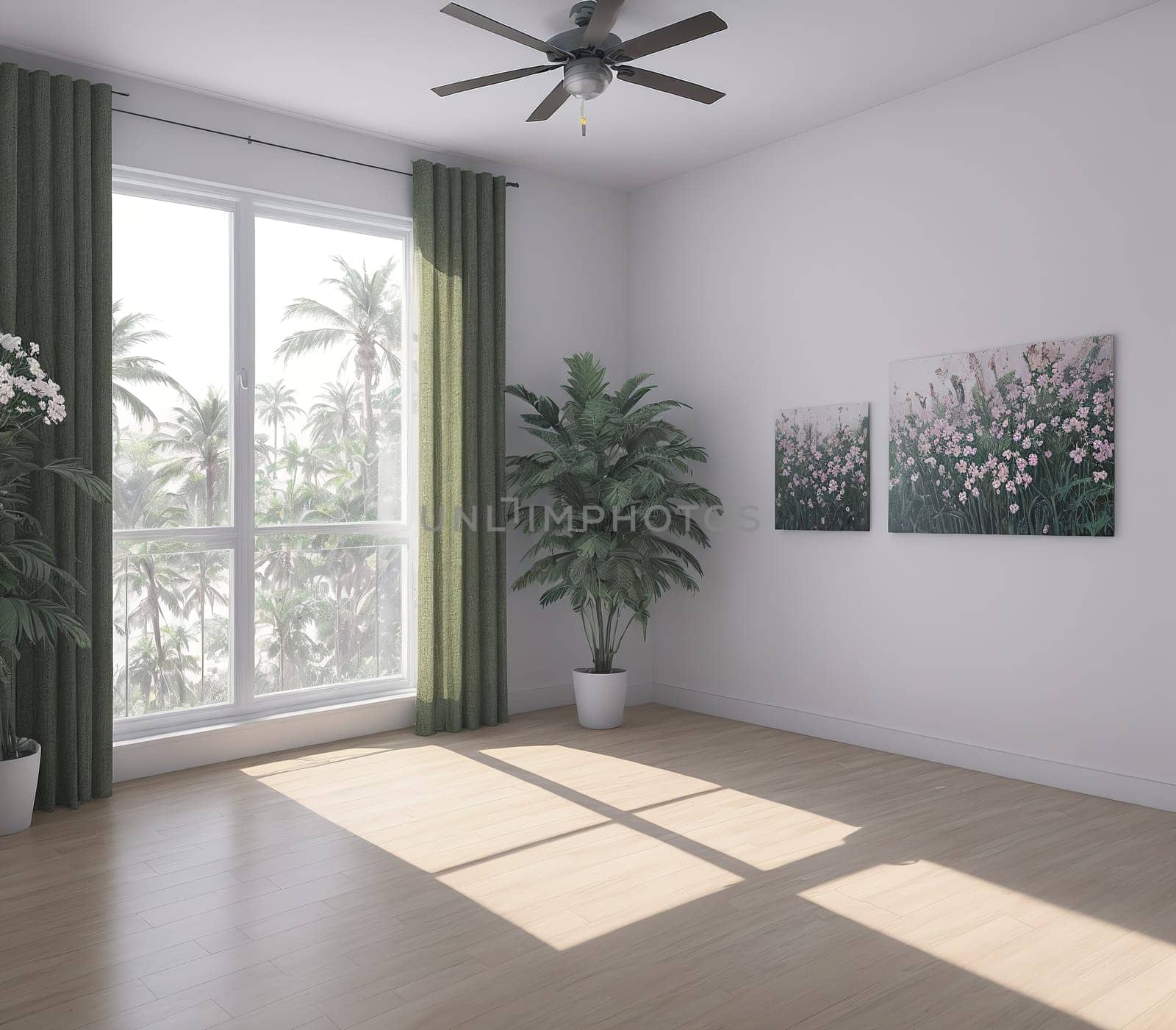 The image is a white room with a large window that lets in natural light, a green plant on a table, and a ceiling fan.