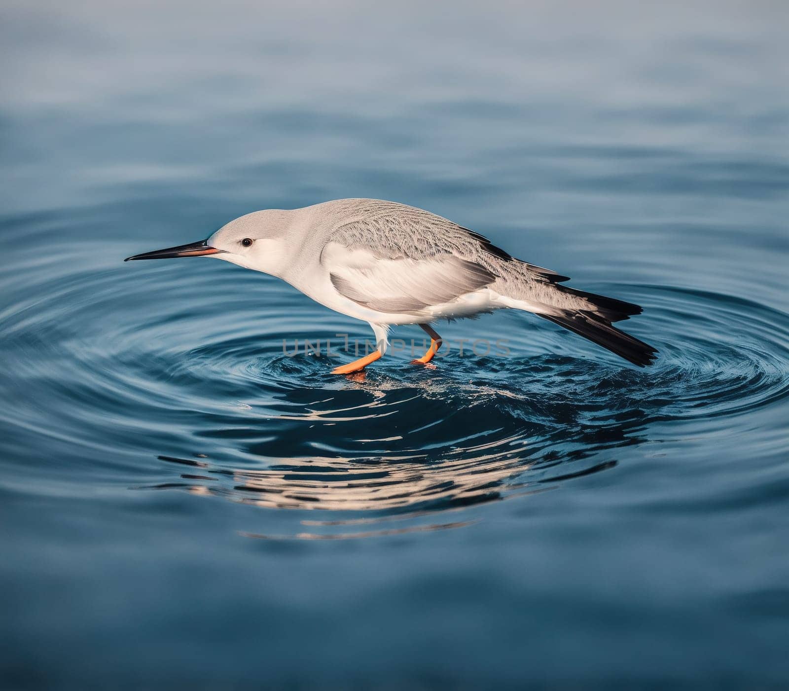The image shows a small white bird standing on the surface of a body of water with its beak dipped into the water.