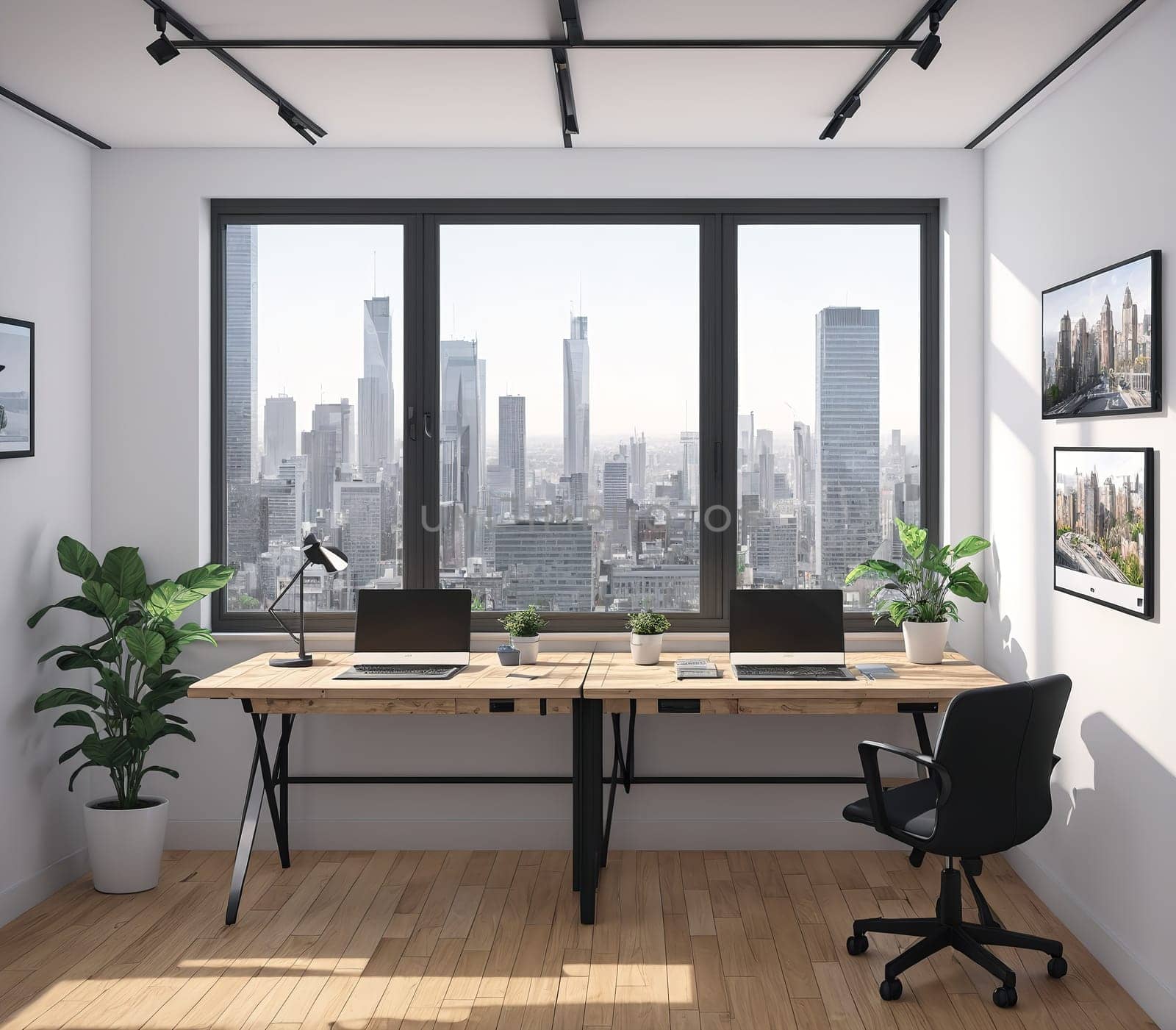 The image depicts a modern office space with a large window overlooking a city skyline, a desk with two computers and a plant on the windowsill, and a whiteboard on the wall.