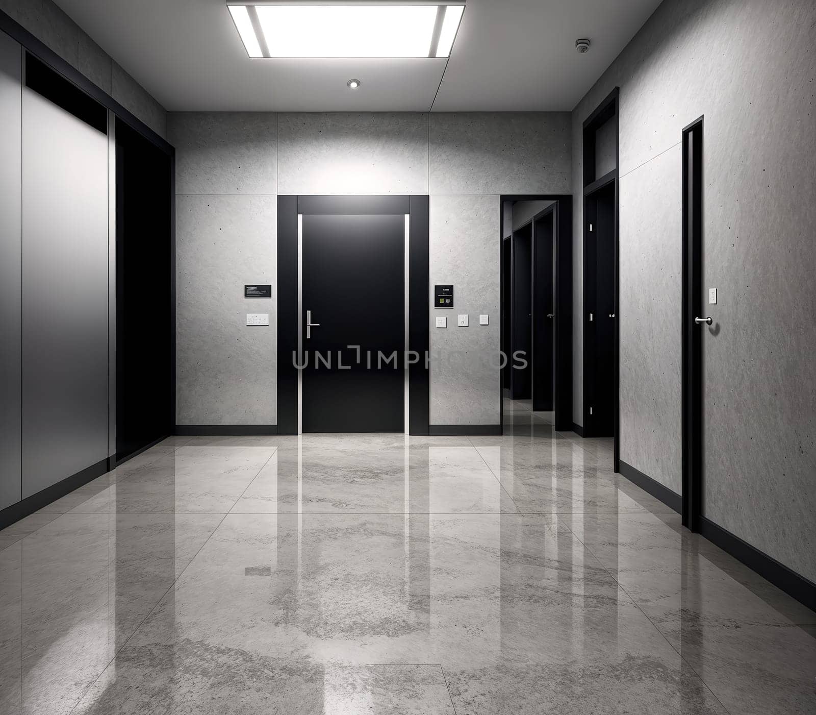 The image depicts a long, empty corridor with white walls, marble floors, and a high ceiling.