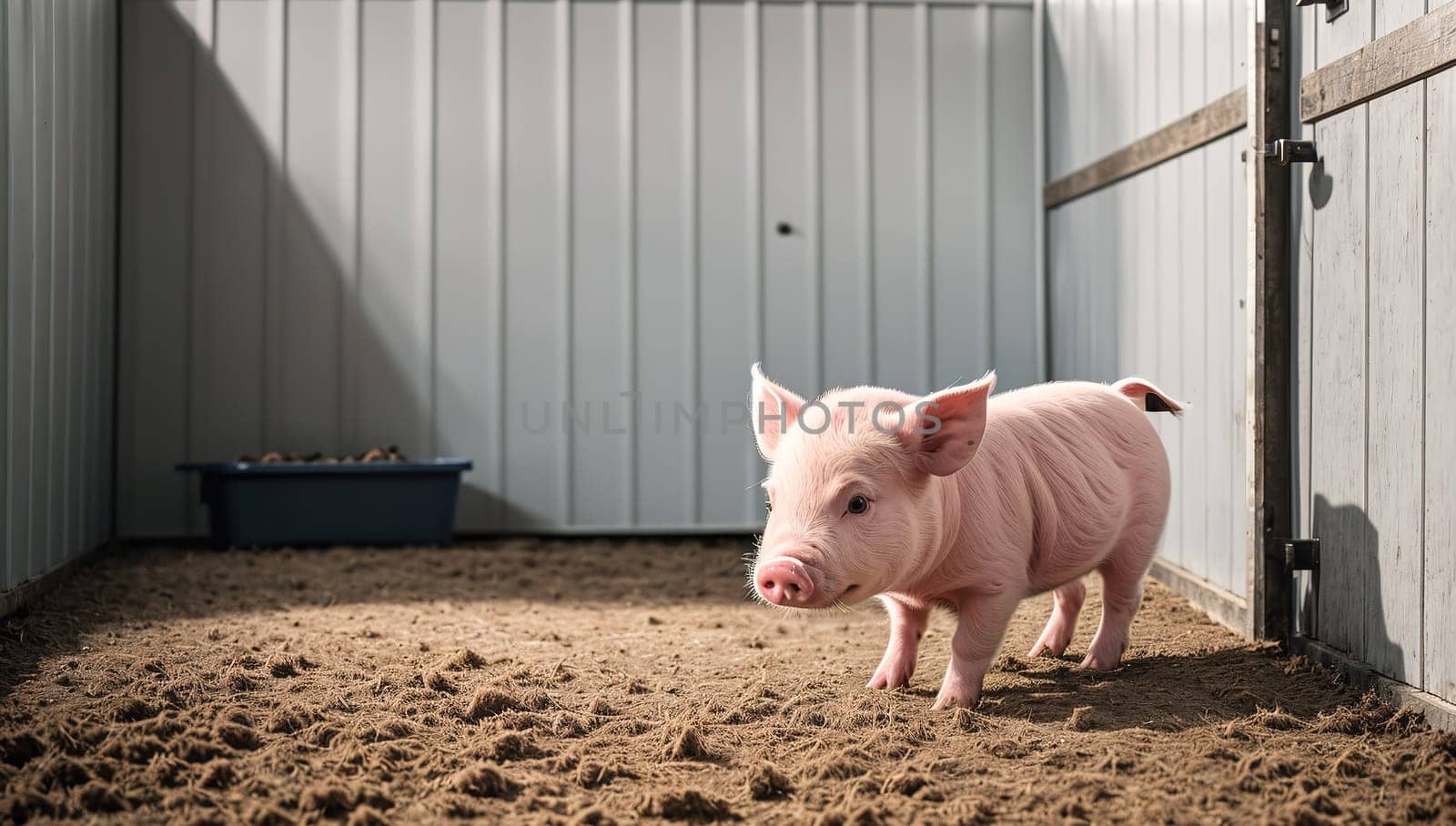 The image shows a small pig standing in a barn, looking out at the viewer.