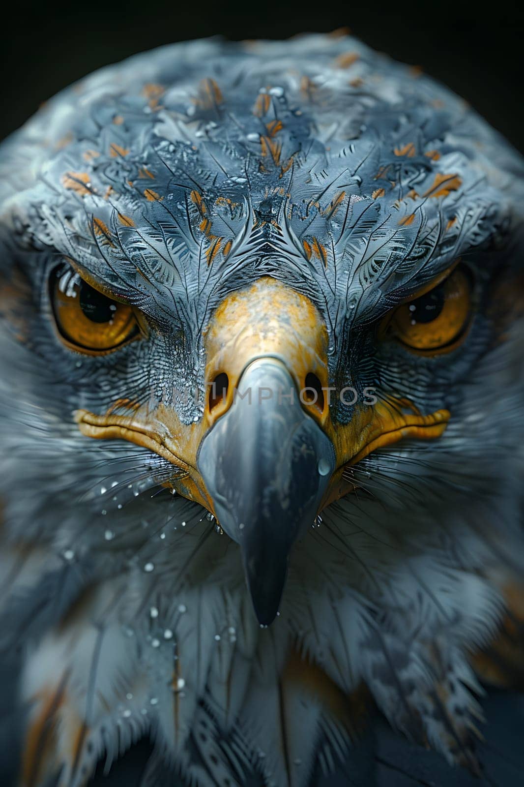 A closeup of a grey Eagles face with water drops on its feathers, showcasing the majestic beauty of this Accipitridae bird of prey