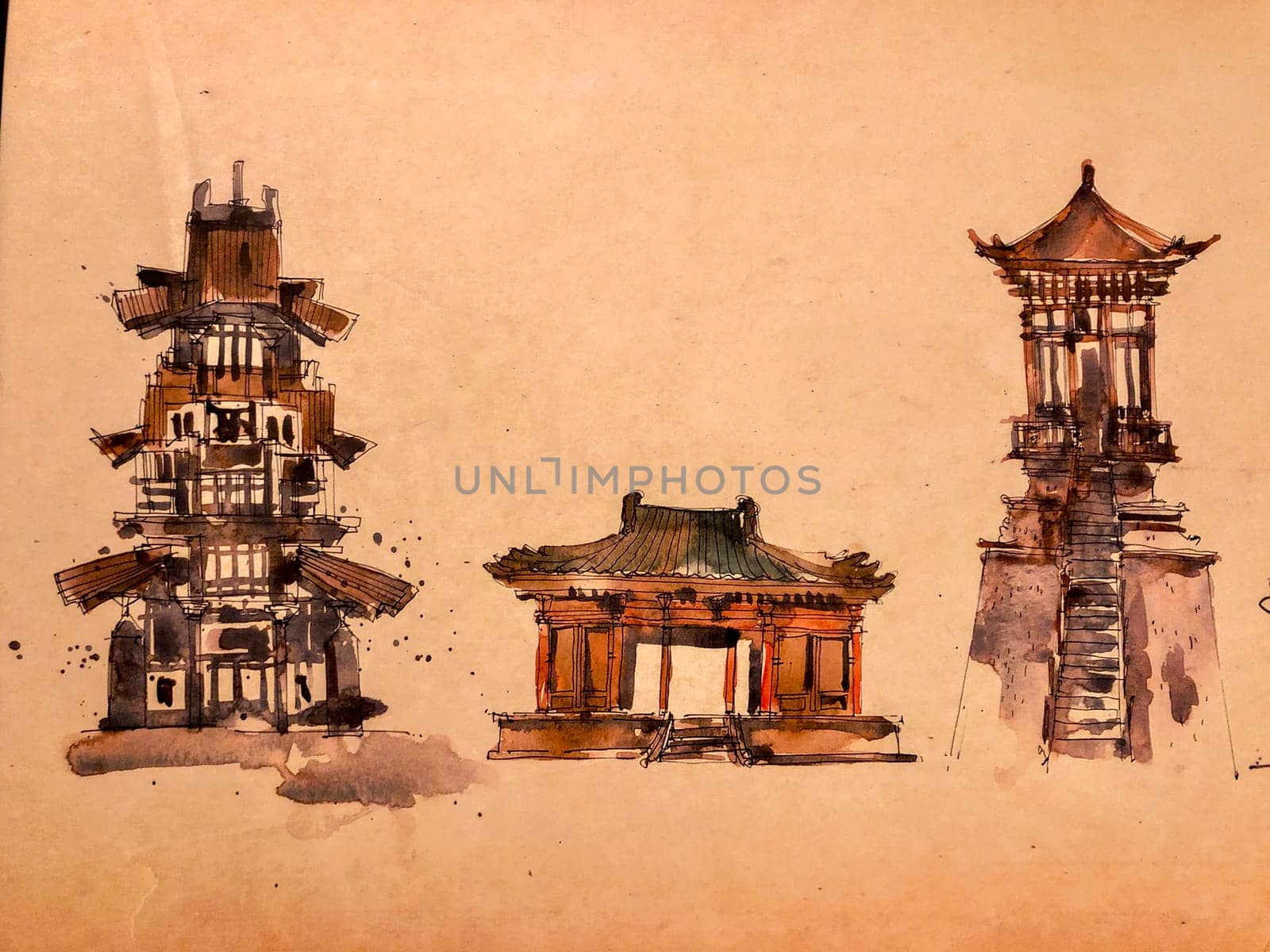 Paintings of classical Chinese buildings are framed and displayed in the living room