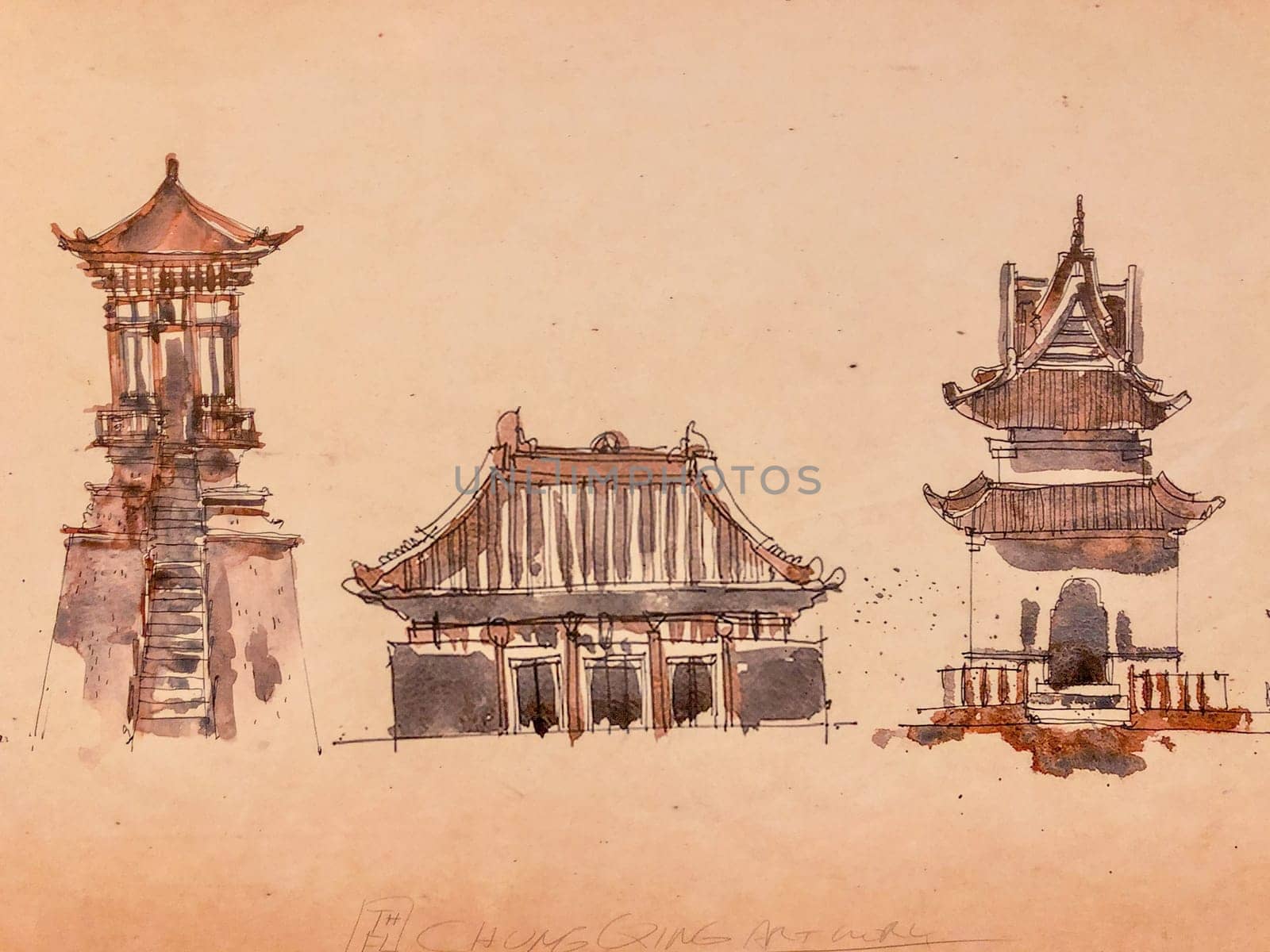 Paintings of classical Chinese buildings are framed and displayed in the living room