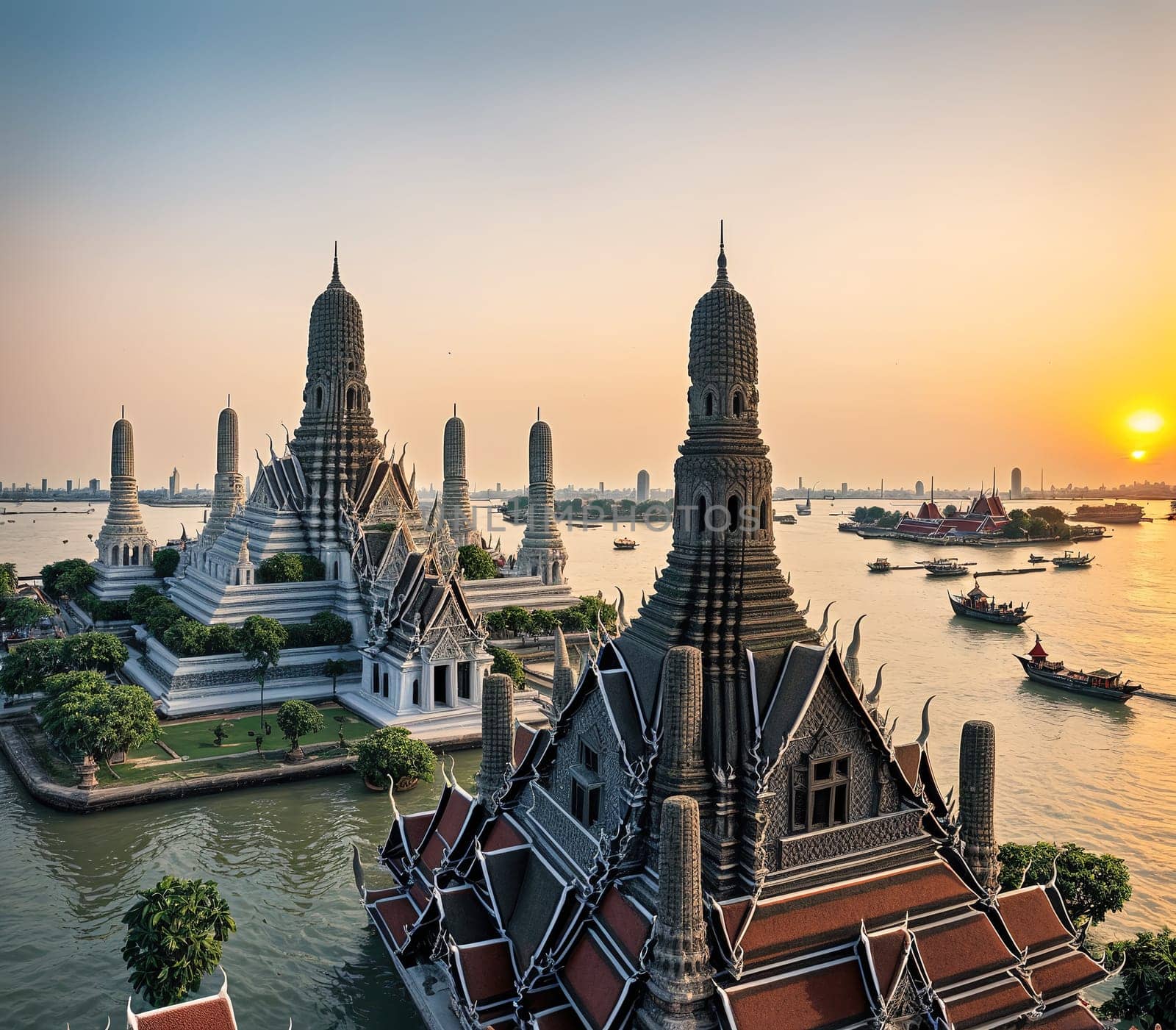 The image shows a city skyline at sunset with a large temple in the foreground and several smaller buildings in the background.