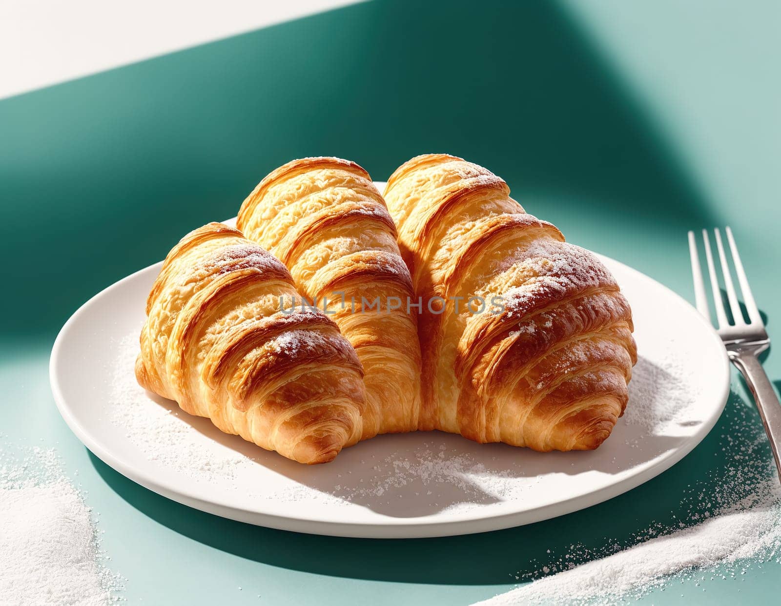 The image shows a plate of croissants on a white plate with a fork and knife next to it.