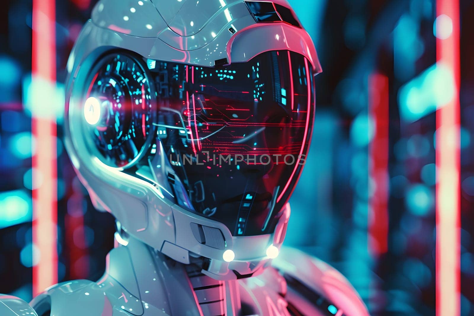 a close up of a futuristic robot wearing a helmet and glasses . High quality