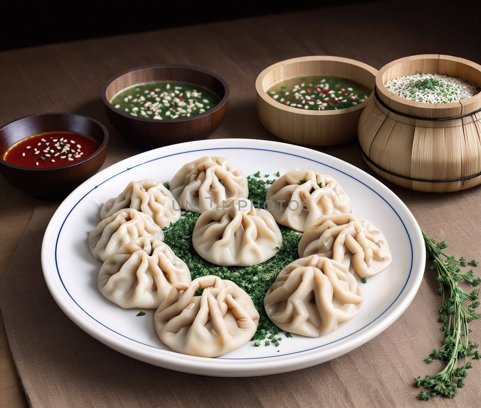 The image shows a plate of dumplings with dipping sauce and garnishes on the side.
