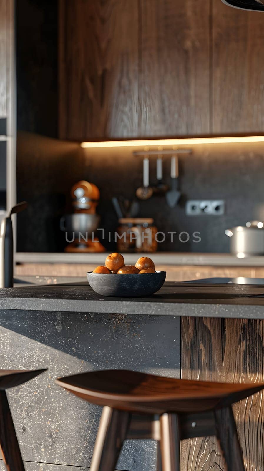 A kitchen with hardwood table and stools, featuring a bowl of oranges. The wood stain gives a warm and inviting vibe to the overall kitchen decor
