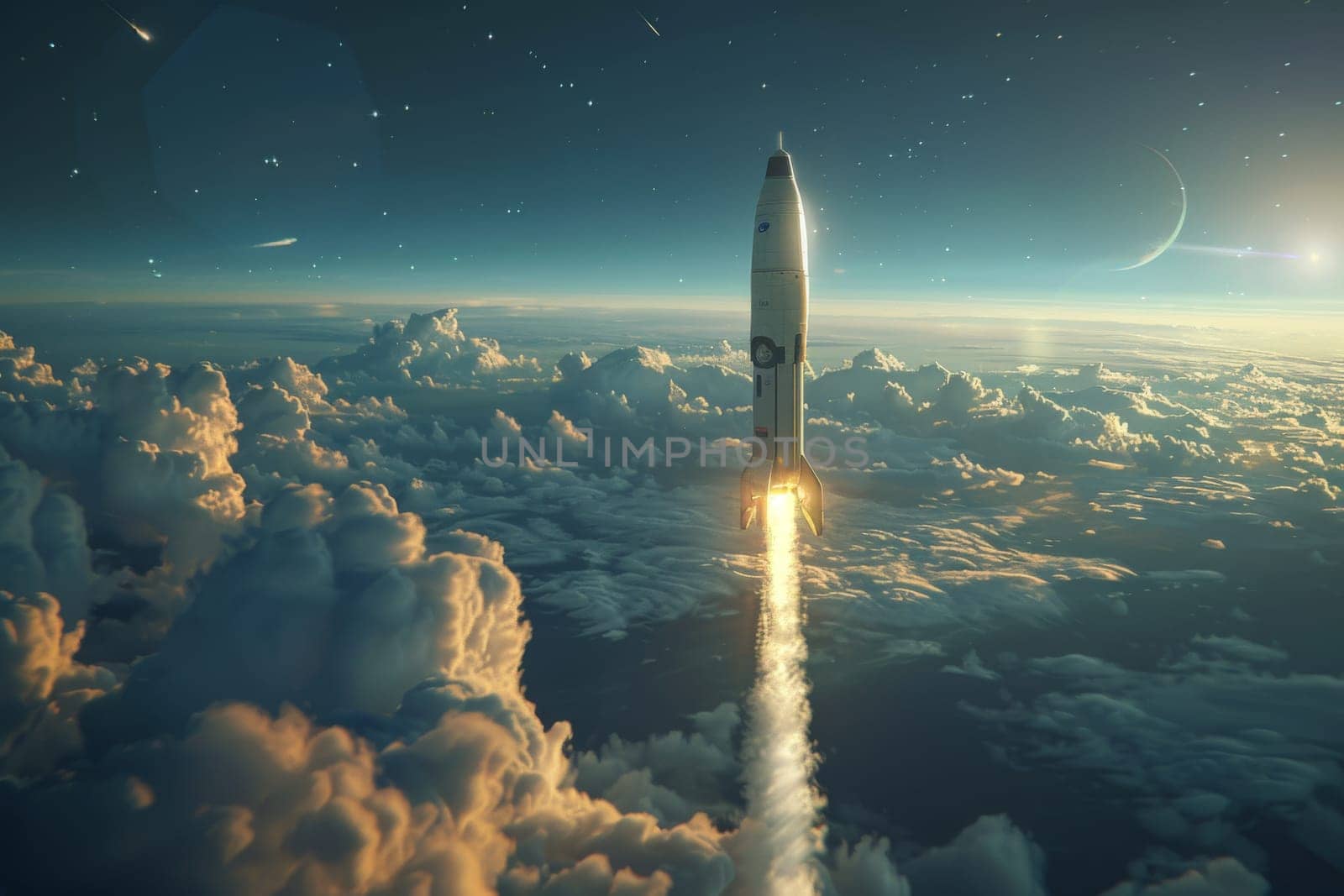 Rocket launching into outer space, A rocket soars from Earth into space, Generative AI.
