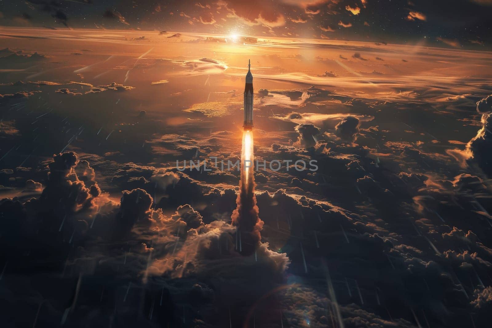 Rocket launching into outer space, A rocket soars from Earth into space, Generative AI by nijieimu