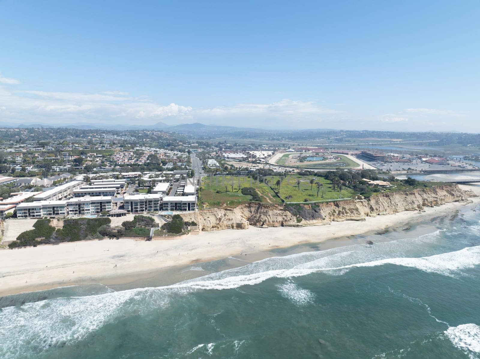 Aerial view of Del Mar Shores, California coastal cliffs and House with blue Pacific ocean. San Diego County, California, USA