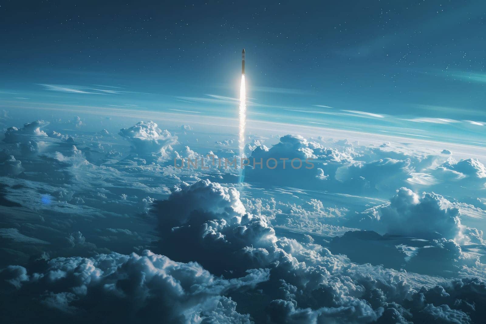 Rocket launching into outer space, A rocket soars from Earth into space, Generative AI by nijieimu