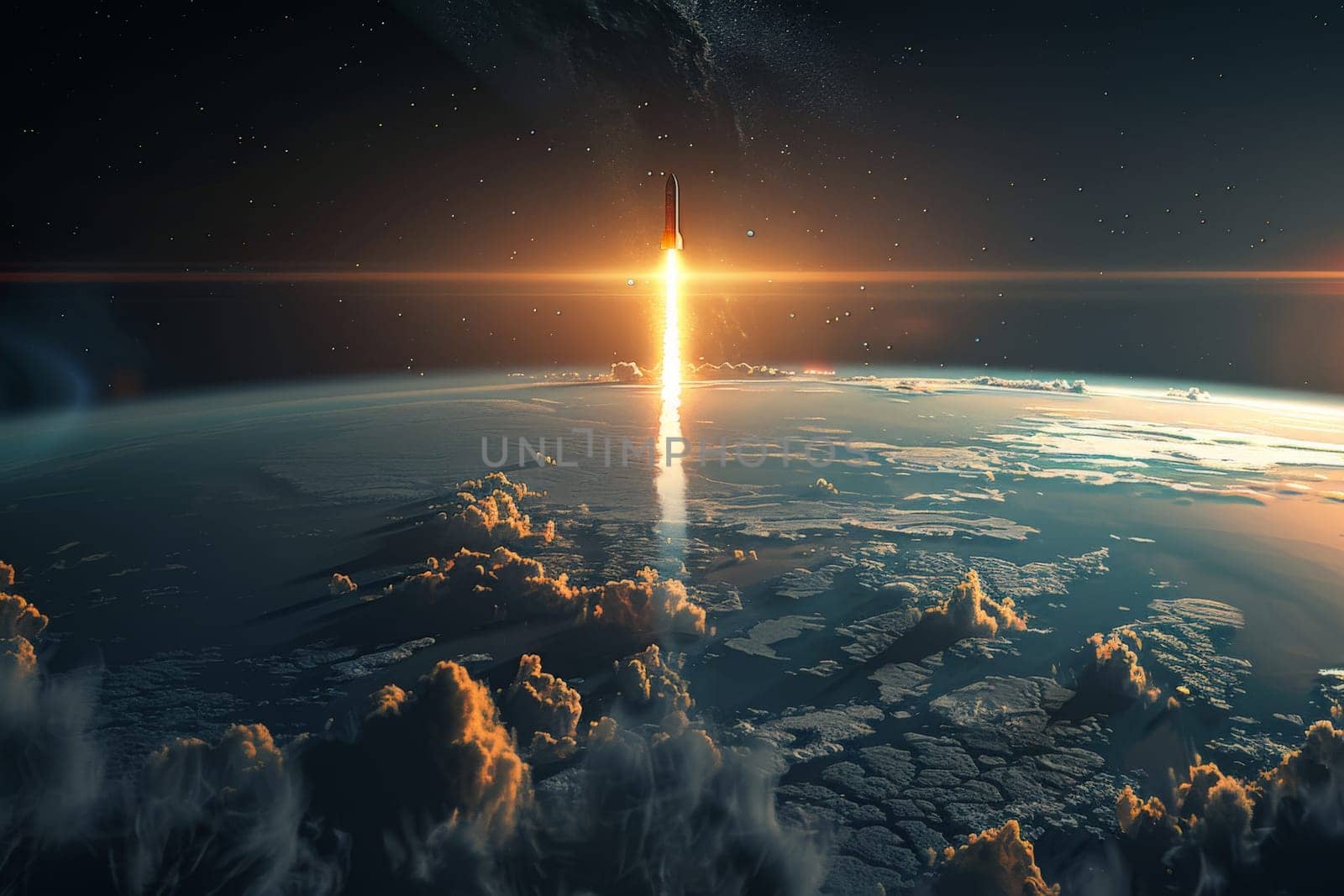 Rocket launching into outer space, A rocket soars from Earth into space, Generative AI by nijieimu