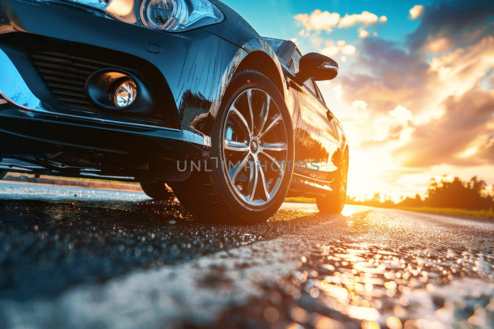 Perspective angle of a wheel car, Tires on the asphalt road, Generative AI.