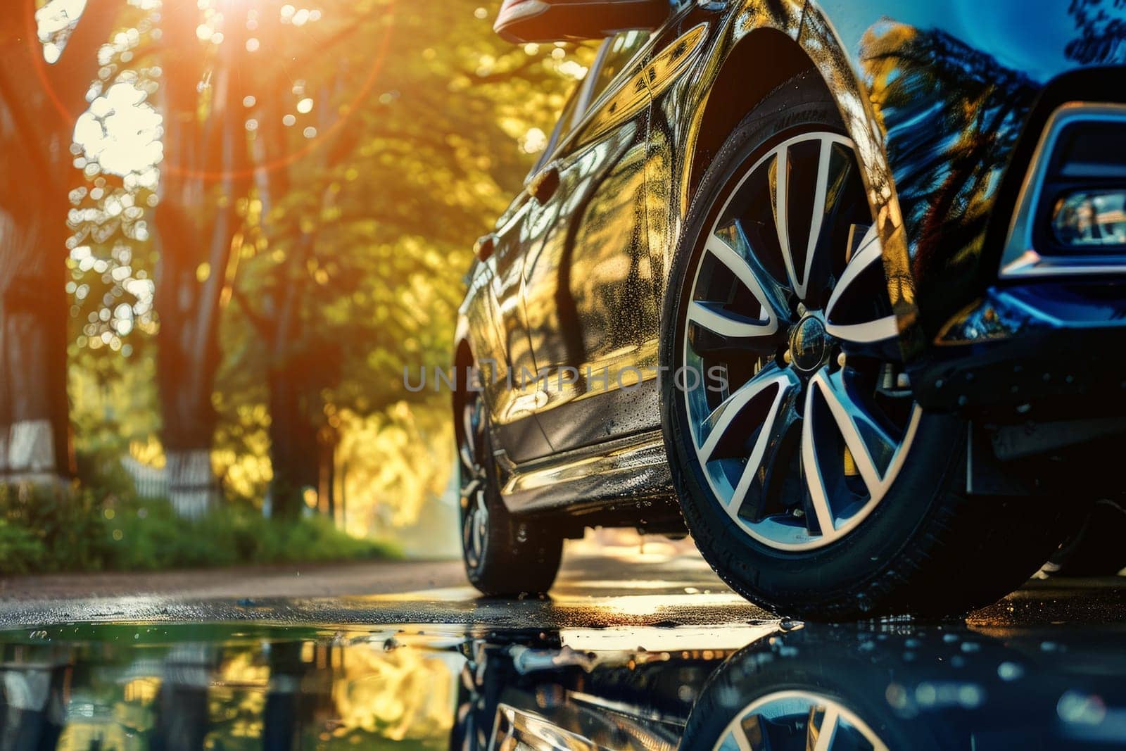 Perspective angle of a wheel car, Tires on the asphalt road, Generative AI by nijieimu