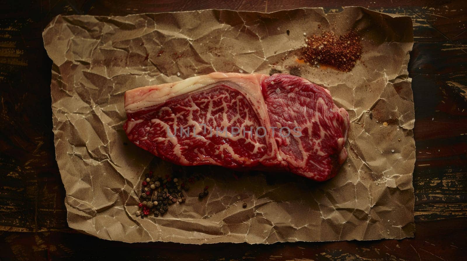A piece of fresh marbled beef on a wooden background for you decoration, Generative AI by nijieimu