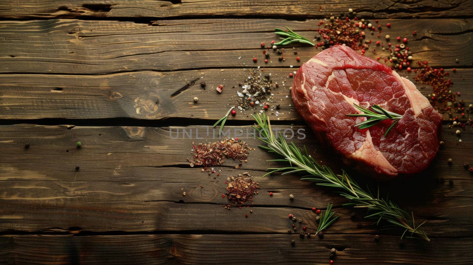 A piece of fresh marbled beef on a wooden background for you decoration, Generative AI.