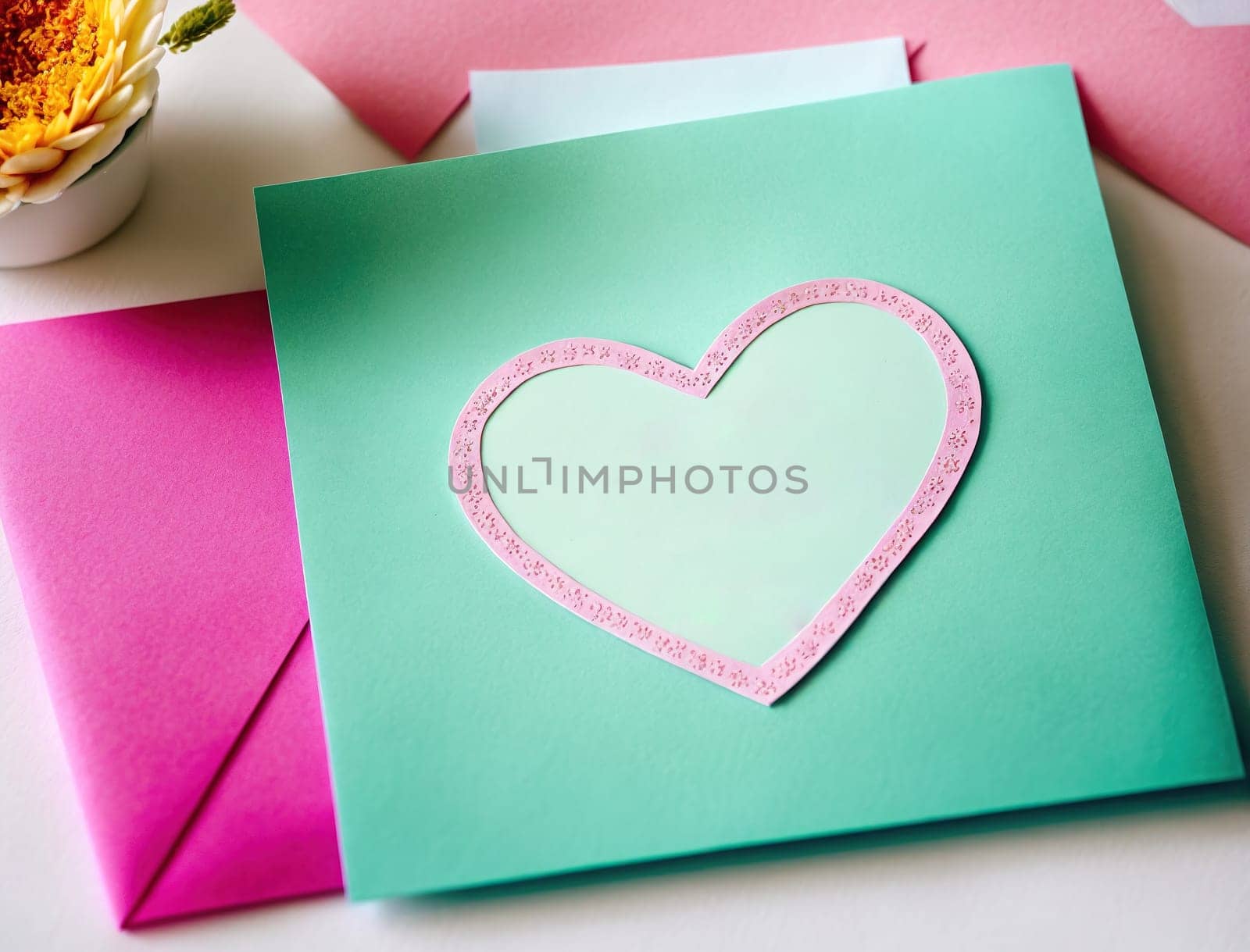 The image is a pink heart-shaped card with a white envelope on top of it.