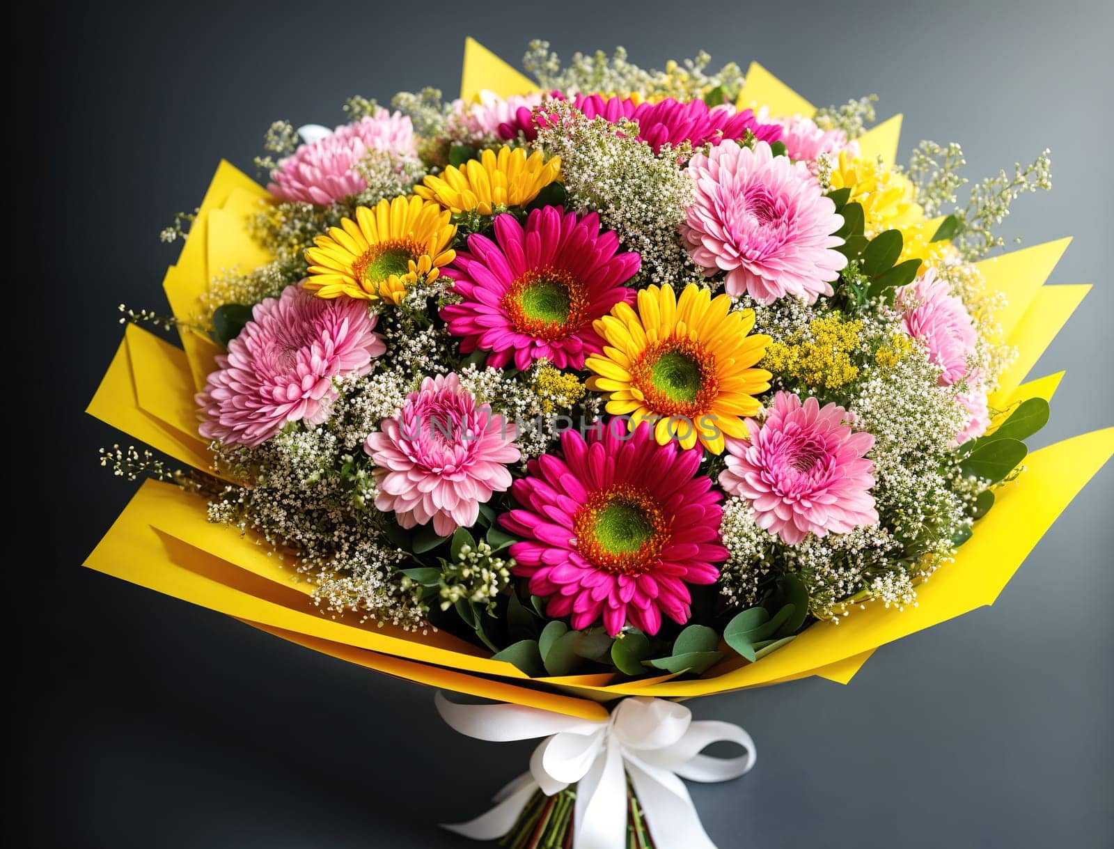 The image is a bouquet of pink and yellow flowers arranged in a vase.