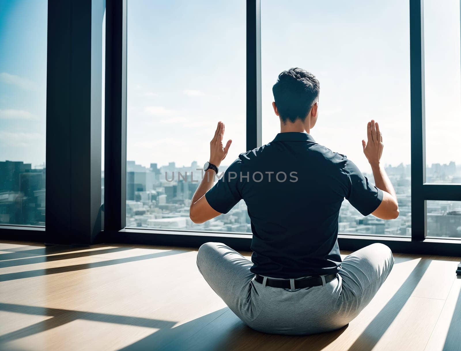 The image shows a man sitting on the floor in front of a window, with his arms stretched out in front of him, looking out at the city skyline.