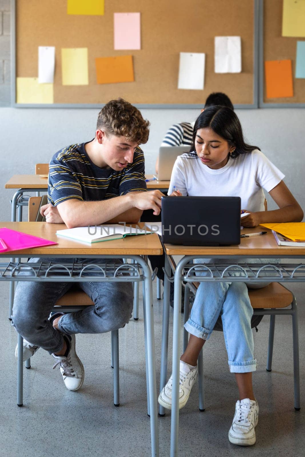 Caucasian teen boy and native american teenage female high school students in class working together on school project using laptop. Vertical image. Education concept.