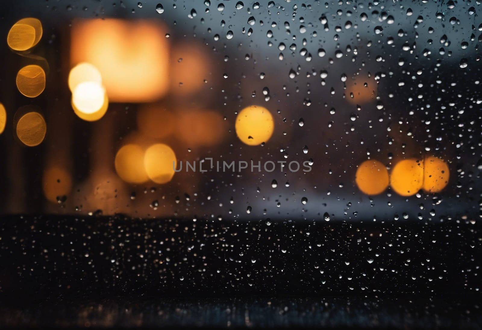 Raindrops on the window with bokeh lights. Abstract background.Raindrops on the window, bokeh lights in the background.