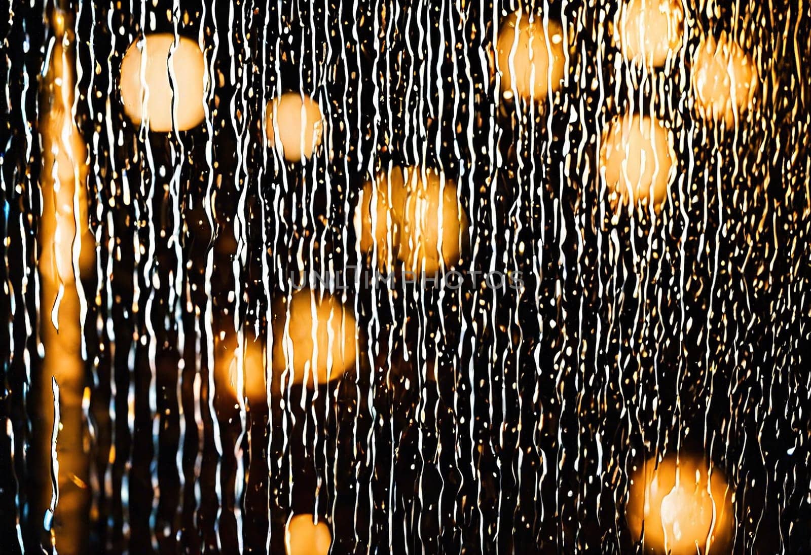 Raindrops on the window with bokeh lights. Abstract background.Raindrops on the window, bokeh lights in the background.