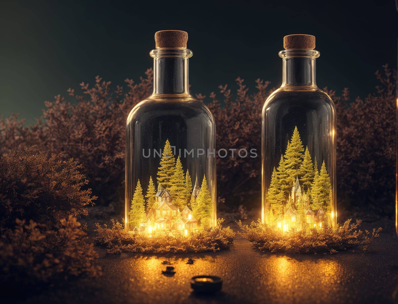 The image shows two glass bottles with glowing lights inside, one with a forest scene and the other with a mountain scene.