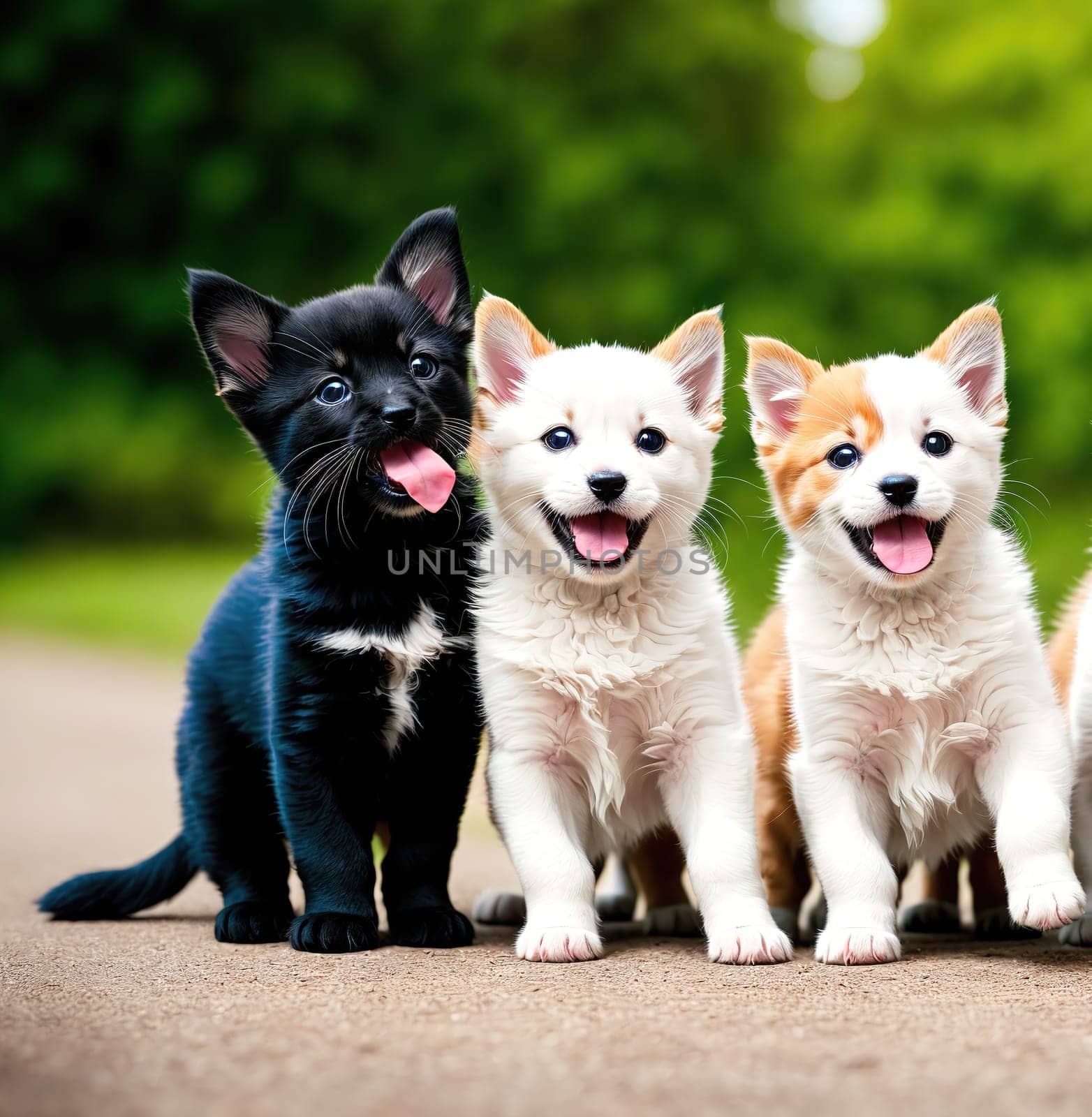 The image shows a group of puppies standing in a row with their tails wagging and their mouths open, looking up at the camera.