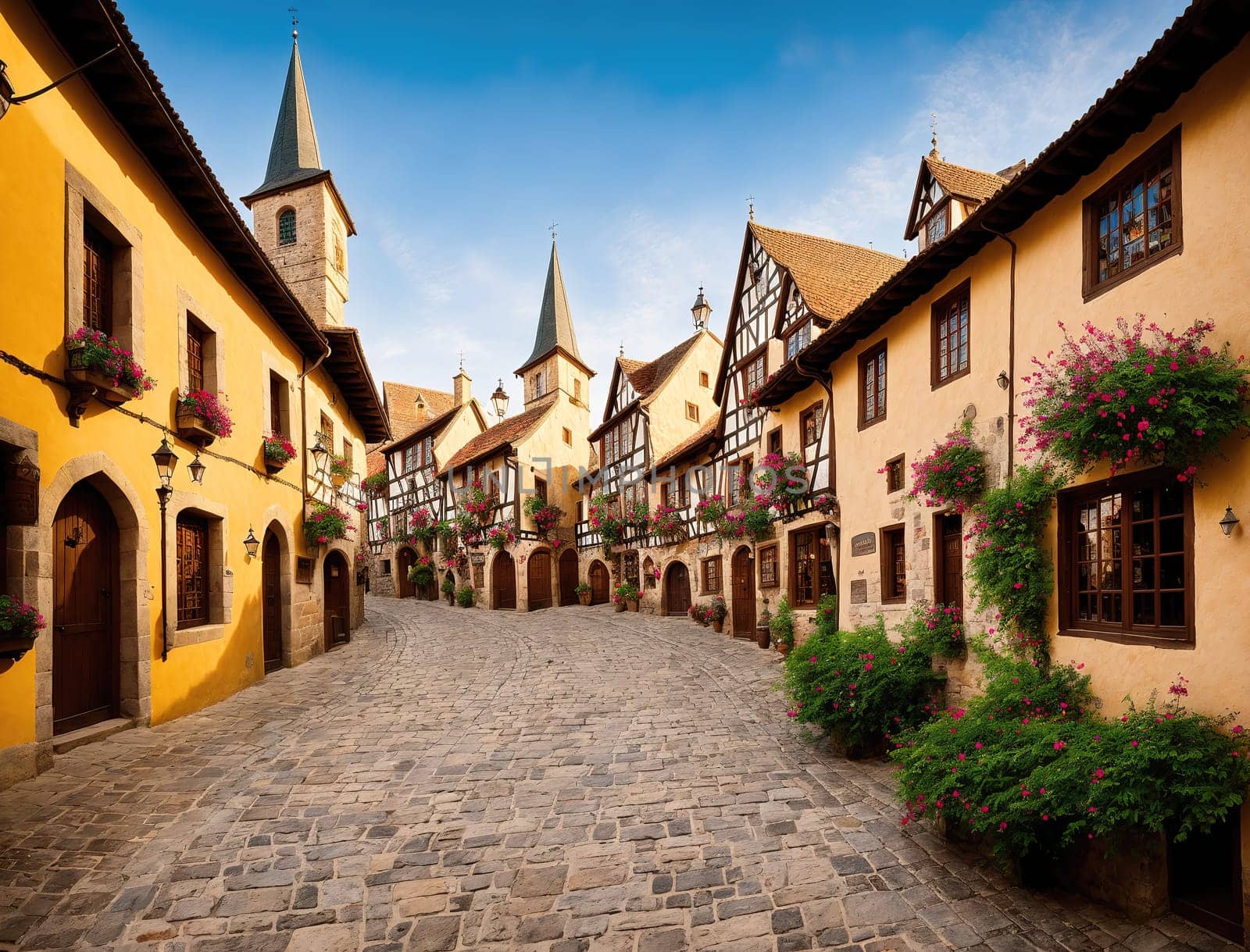 The image shows a narrow cobblestone street lined with colorful buildings in a quaint European town.