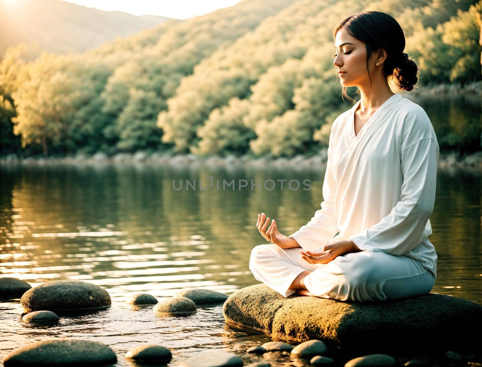 The image shows a woman sitting on a rock in the middle of a river, meditating with her eyes closed and her hands in prayer position.