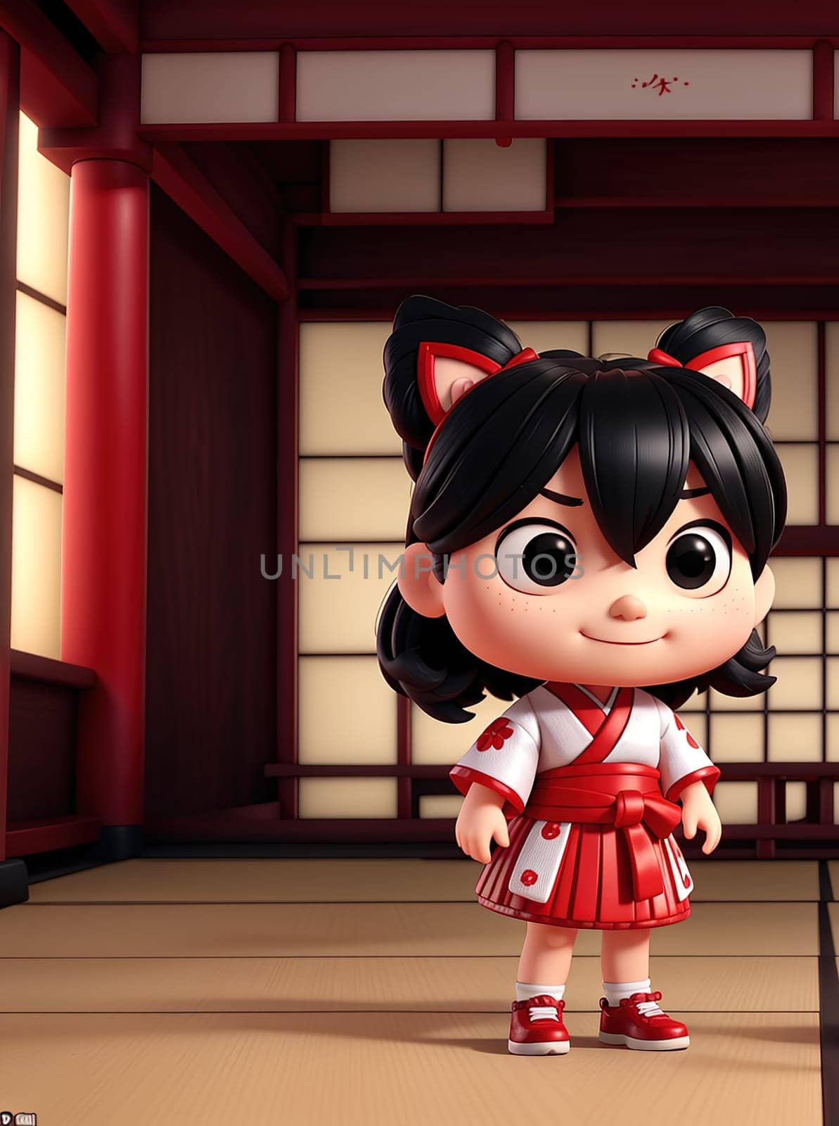 The image shows a young girl wearing a red and white kimono standing in front of a Japanese-style room with tatami mats on the floor.