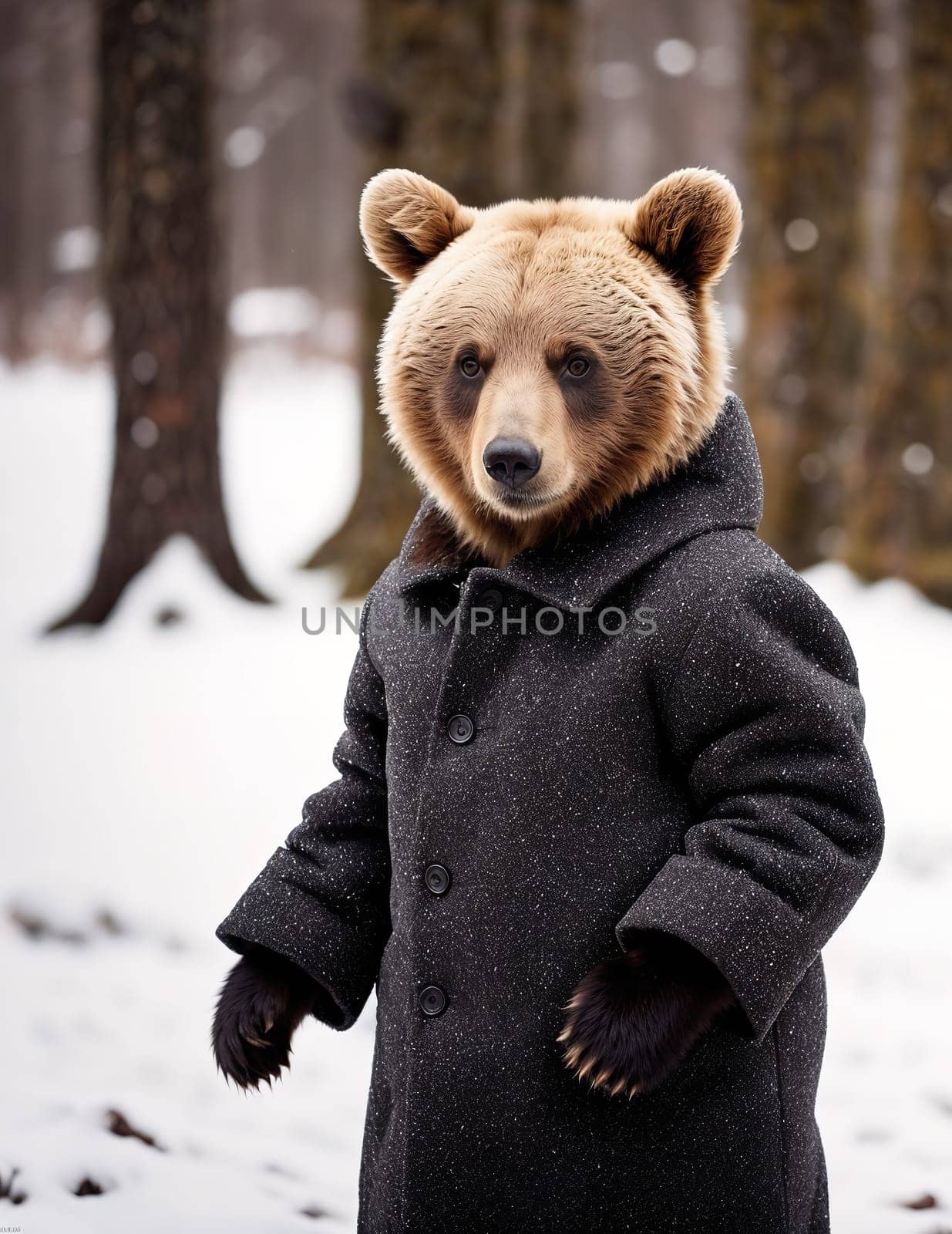 The image shows a brown bear wearing a coat and standing in the snow with its paws on the ground.